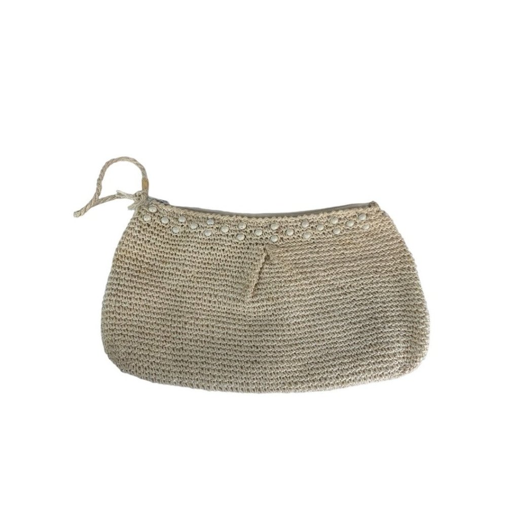 Vintage Crochet Straw and Beaded‎ Off White Zip Top Clutch Bag Made in Japan